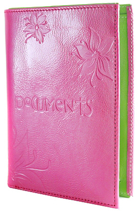 Бумажник водителя кожаный с оттиском "Тропический цветок", розово-зеленый