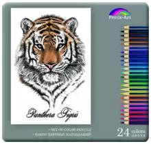 Карандаши 24 цвета Феникс+ "Тигр", трехгранные, металлическая коробка