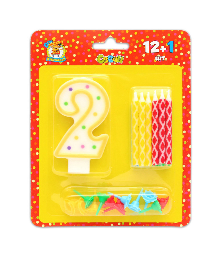 Свечи для торта, цветные 12шт+цифра "2"