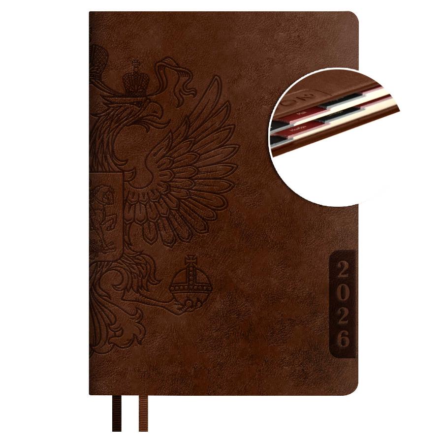 Ежедневник А5 176 л  2026, ESCALADA, Наппа коричн, кожзам, вырубка по месяцам