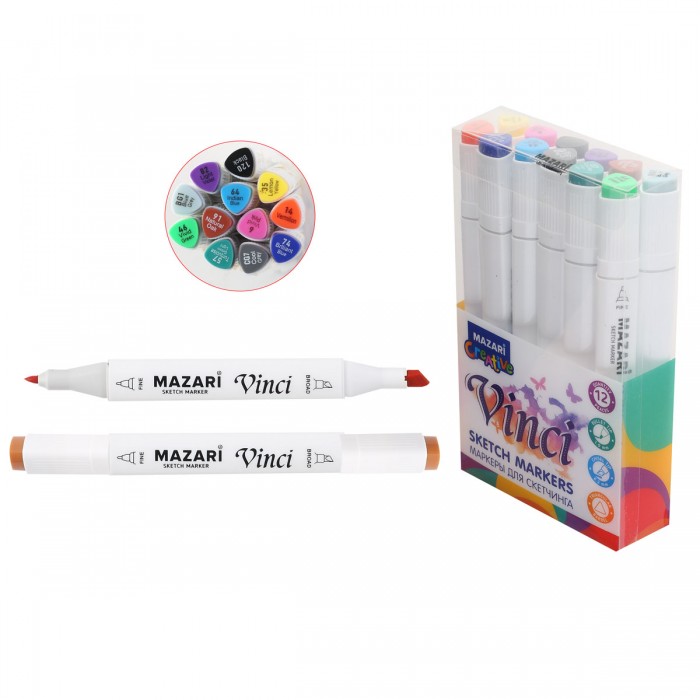 Набор маркеров для скетчинга VINCI Main colors, 12 цветов, 1-6,2 мм, двусторонние
