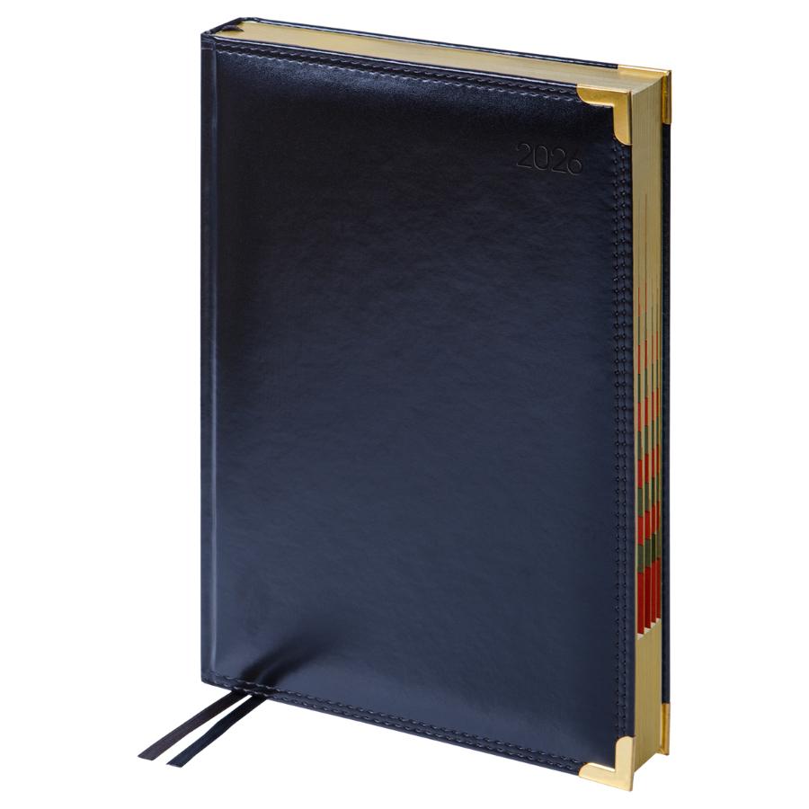 Ежедневник А4- 184л. 2026г, Delucci, зол. срез, гладкая кожа, черный