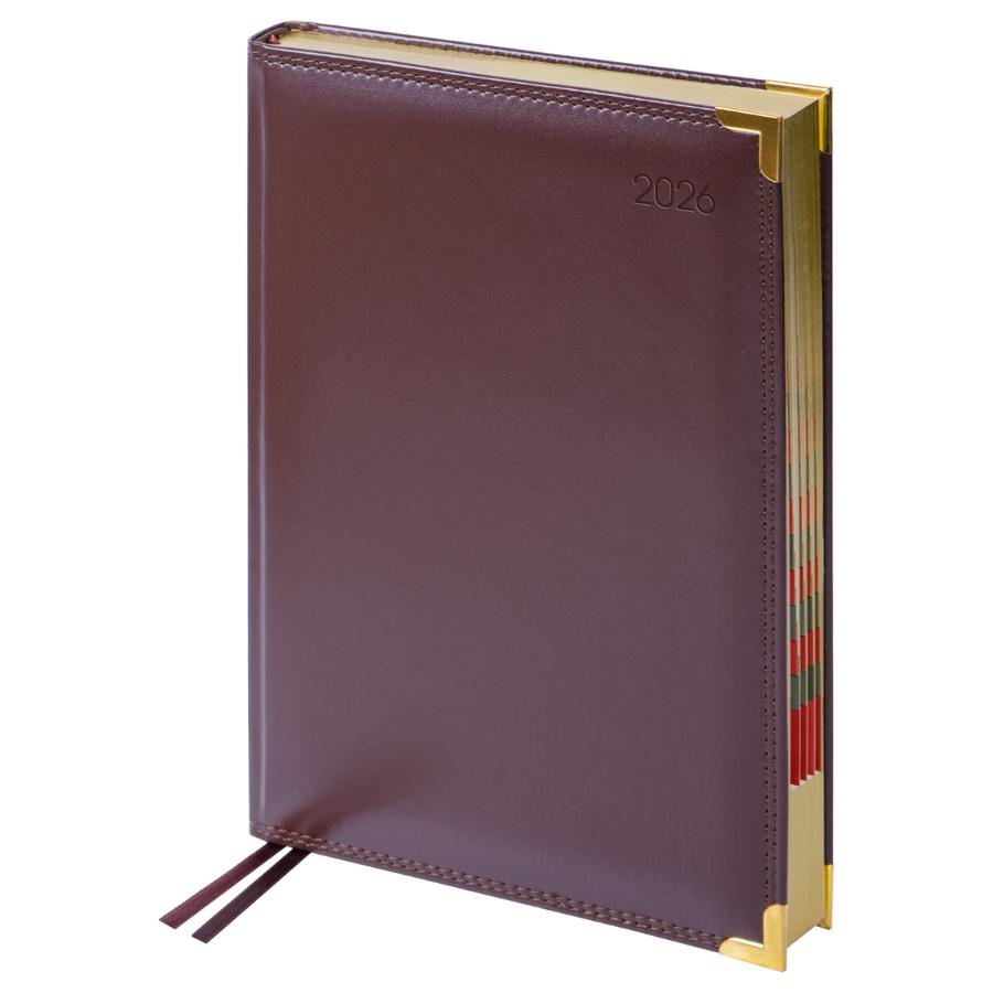 Ежедневник А4- 184л. 2026г, Delucci, зол. срез, гладкая кожа, коричневый