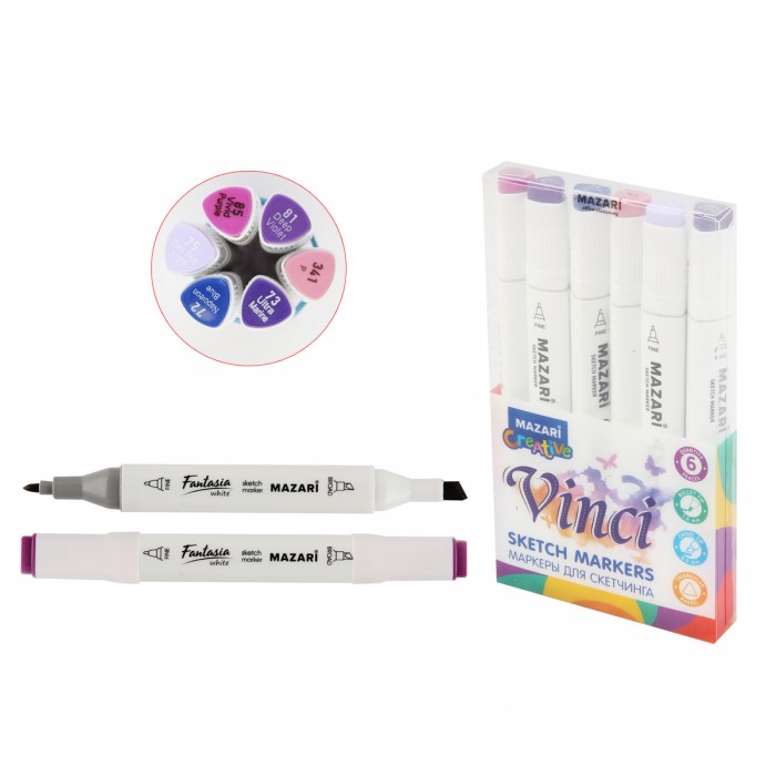 Набор маркеров для скетчинга VINCI Purple colors, 6 цветов, 1-6,2 мм, двусторонние