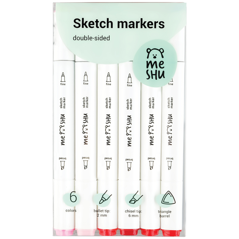 Набор маркеров для скетчинга MESHU,  6 цветов, 2-6 мм, двусторонние, розовые цвета