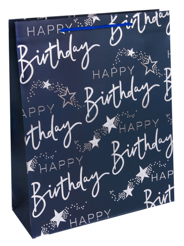 Пакет подарочный 31х42х12 см "Счастливого дня рождения, синий" с мат.лам. и тиснением фольгой