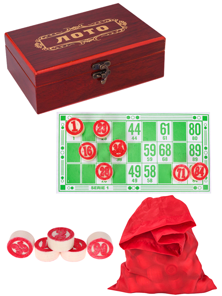 Игра настольная "Русское лото", в деревянном футляре, 20х12х7 см, красный