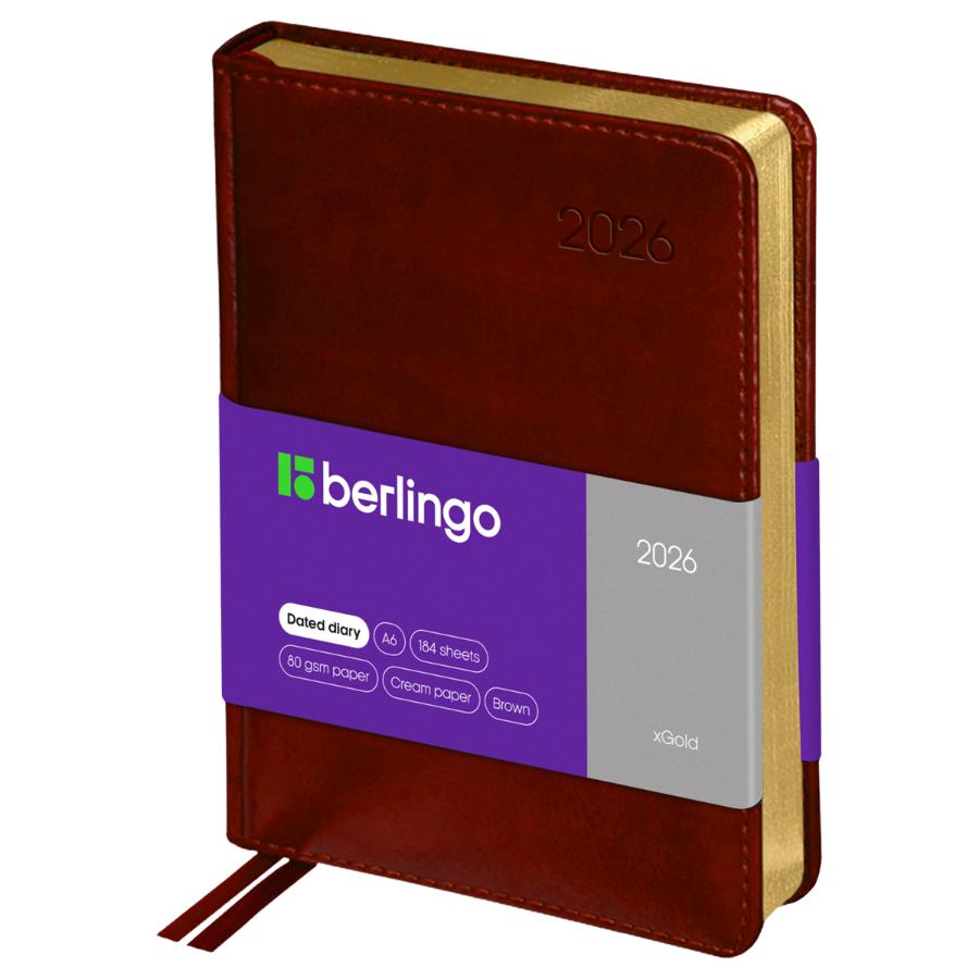 Ежедневник А6 176 л. 2026г, Berlingo "xGold", зол. срез, коричневый