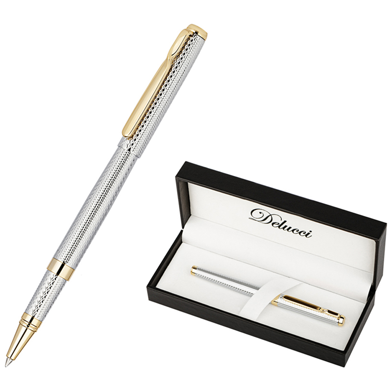 Ручка роллер DELUCCI "Celeste" 0,6 мм, корпус серебристый с клипом, в подар. кор., синяя