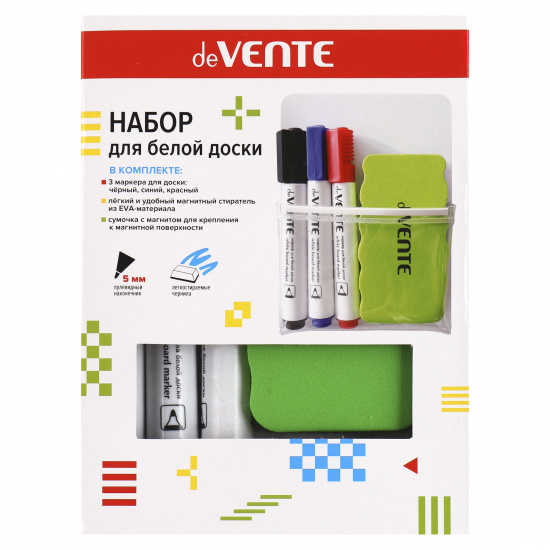 Набор маркеров для доски deVENTE, 3 цвета, пулевидный, 5 мм + магнитная стирательная губка