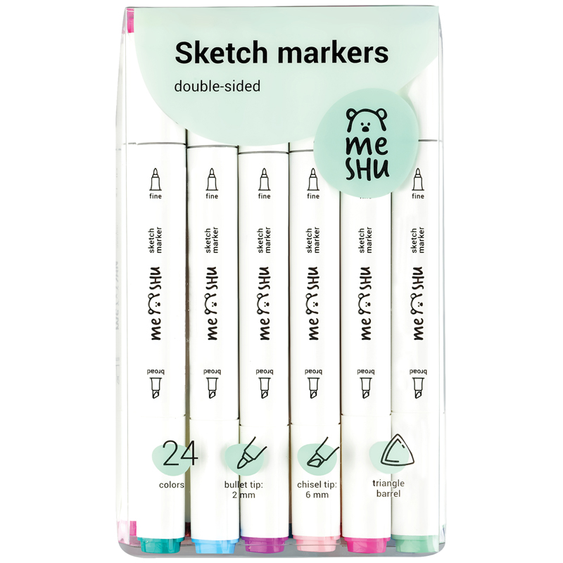 Набор маркеров для скетчинга MESHU, 24 цветов, 2-6 мм, двусторонние, цветочная гамма