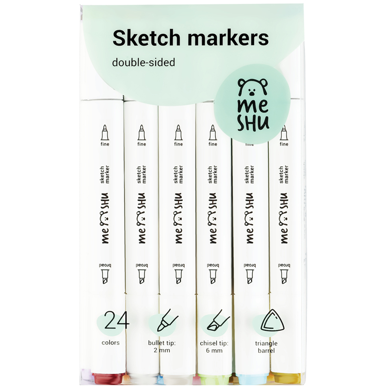 Набор маркеров для скетчинга MESHU, 24 цвета, 2-6 мм, двусторонние, пастельные цвета