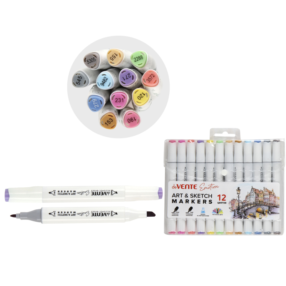 Набор маркеров для скетчинга deVENTE, 12 цветов, пастельные цвета, 1-6 мм, двусторонние