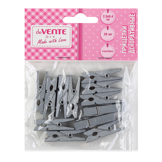Прищепки декоративные "deVENTE.Silver" деревянные, 12 шт, ассорти