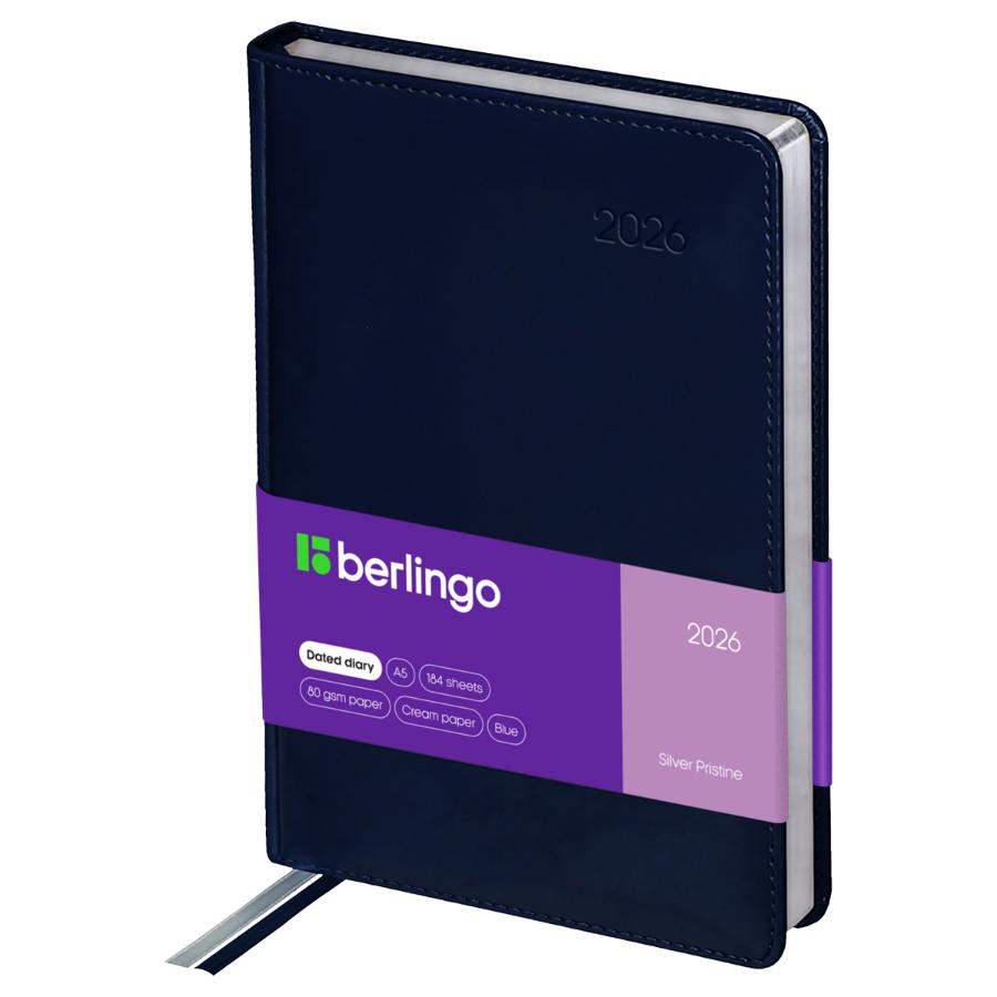 Ежедневник А5 184 л. 2026г, Berlingo  "Silver Pristine", кожзам, серебрянный срез, синий