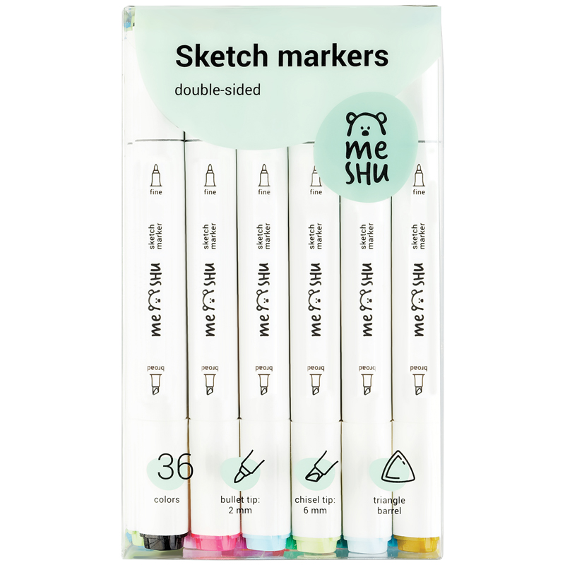 Набор маркеров для скетчинга MESHU, 36 цветов, 2-6 мм, двусторонние, основные цвета