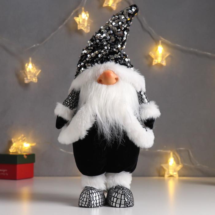 Кукла интерьерная "Дед Мороз в чёрной шубке и колпаке с пайетками" 41х11х16 см 