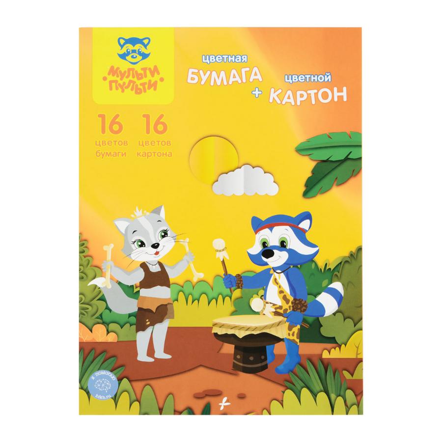 Набор цветной картон и цв. бумага А4 16л, 16цв. бум, 16л, 16 цв, карт "Приключения Енота",