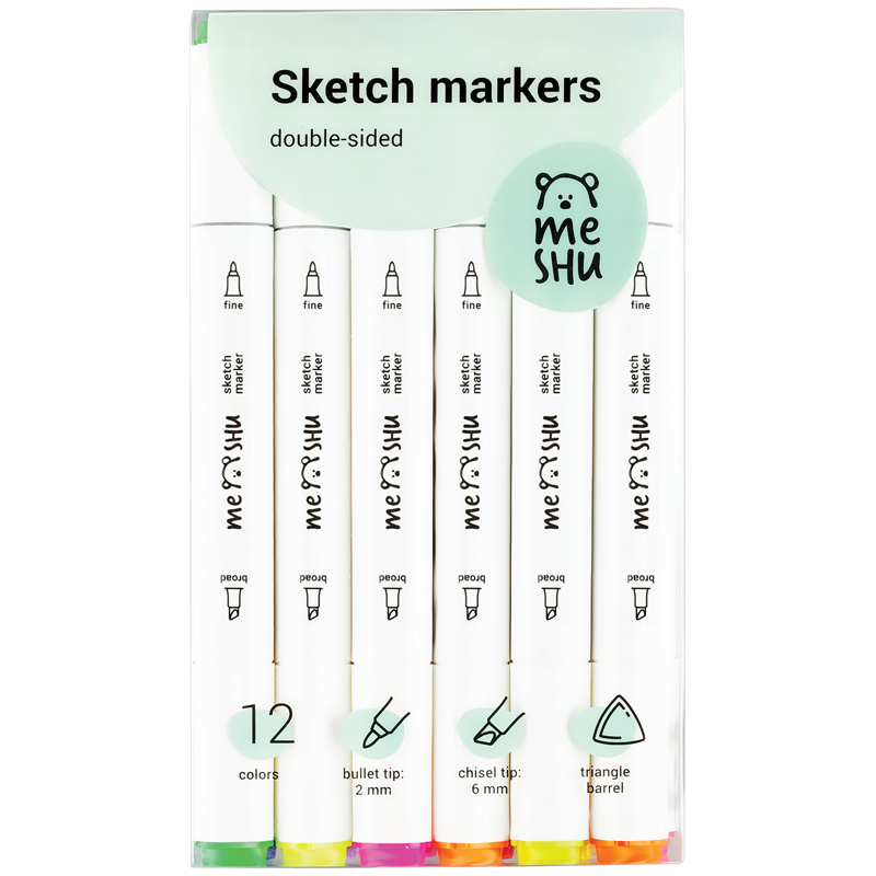 Набор маркеров для скетчинга MESHU, 12 цветов, 2-6 мм, основные и флуоресцентные цвета