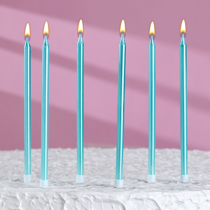 Свечи для торта "Ройс", 6 шт, высокие, 13 см, небесно-голубой металлик