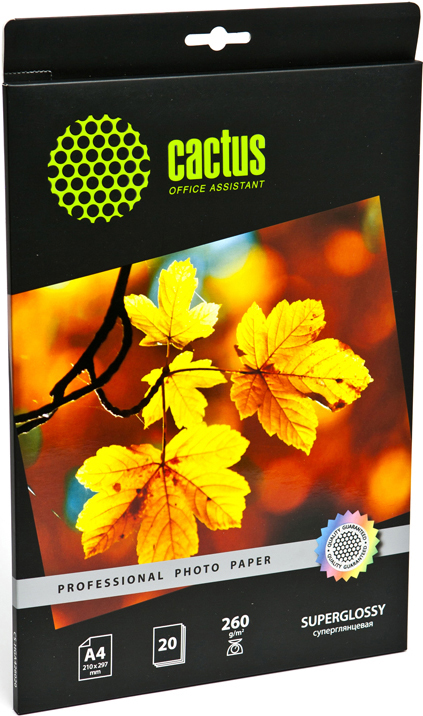 Фотобумага Cactus Professional, суперглянцевая односторон.,  А4, 260 г/м2, 20 л.