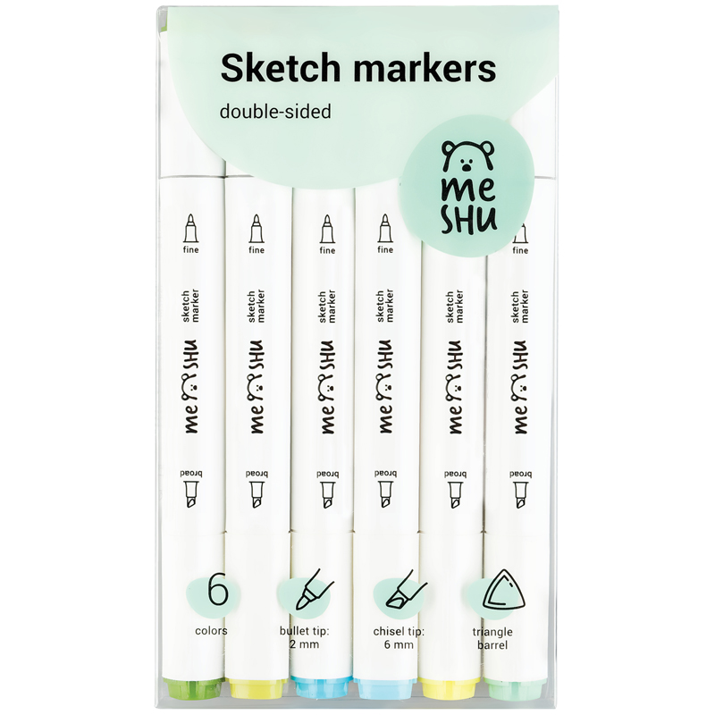Набор маркеров для скетчинга MESHU,  6 цветов, 2-6 мм, двусторонние, морские цвета