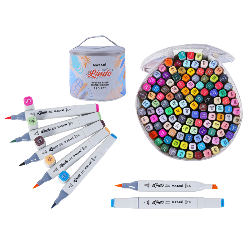 Набор маркеров для скетчинга LINDO, 120 цветов, 1-6,2 мм, двусторонние, ПУ чехол белый