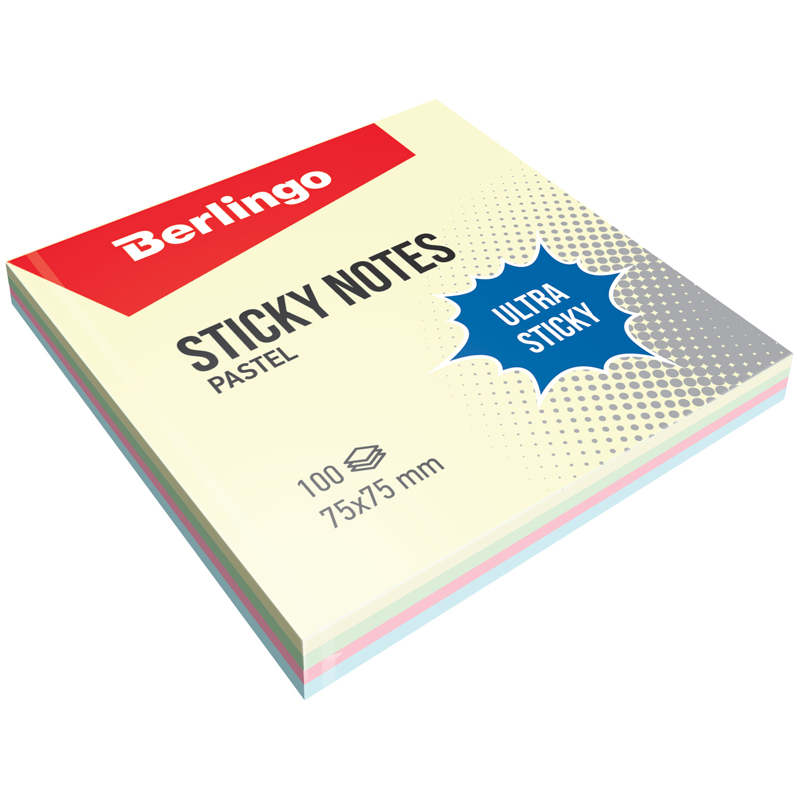 Бумага с липким слоем Berlingo "Ultra Sticky" 75х75 мм 100л, 4 пастельных цвета 