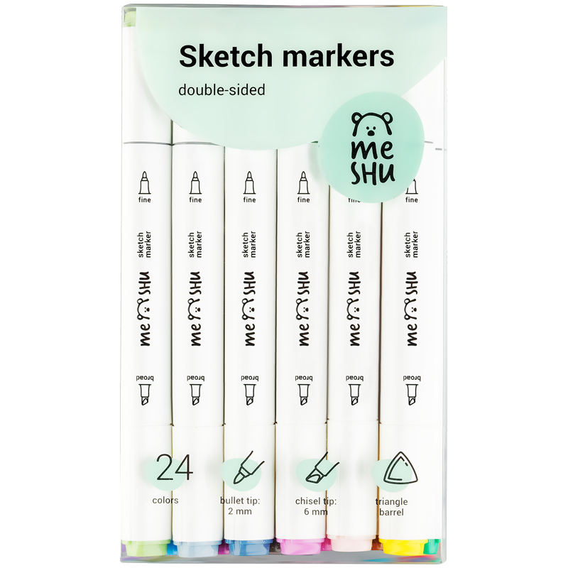 Набор маркеров для скетчинга MESHU, 24 цвета, 2-6 мм, двусторонние, основные цвета