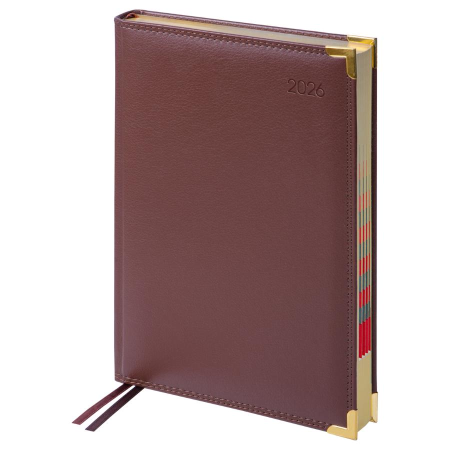 Ежедневник А4- 184л. 2026г, Delucci, зол. срез, фактурная кожа, коричневый