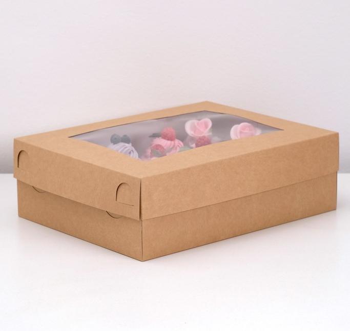 Коробка для капкейков "Крафт", на 12 шт, с окном, 32х25,5х10 см