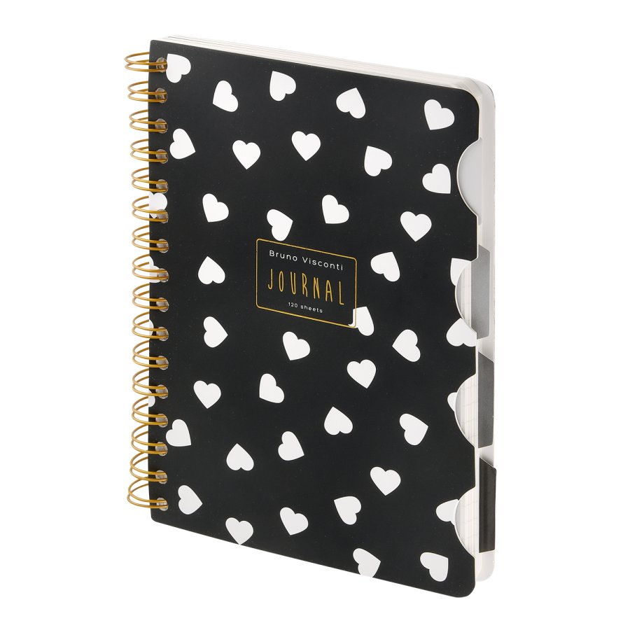 Книжка записная А5 120 л гребень, ART JOURNAL "BLACK&WHITE. Сердечки". с разделителями