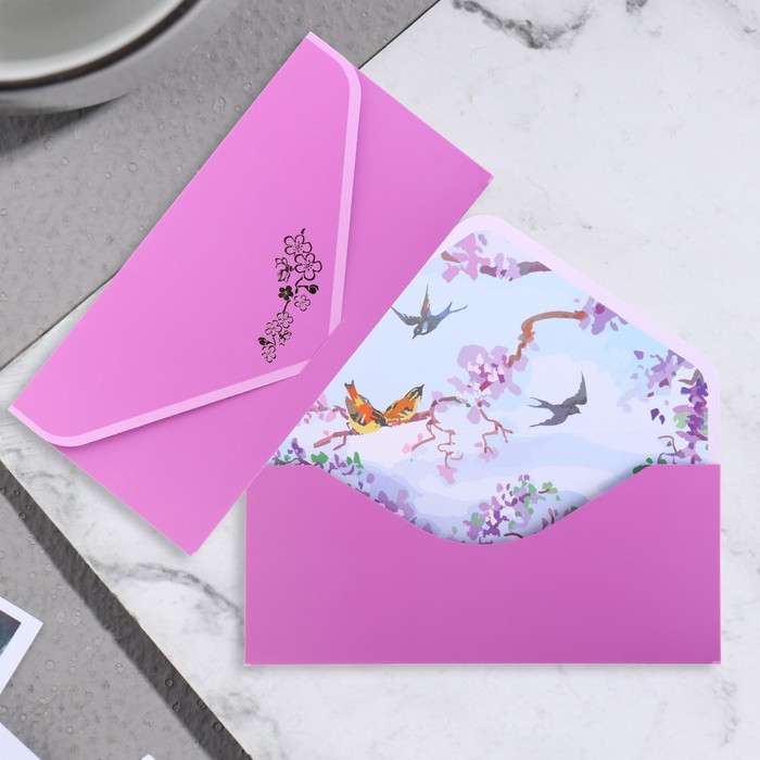Открытка-конверт "Поздравительный" фиолетовый, цветы, 19х9 см 