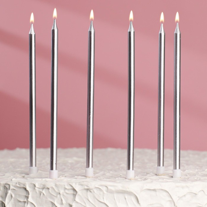 Свечи для торта тонкие "С Днем рождения", серебристый металлик, высокие (6 шт)