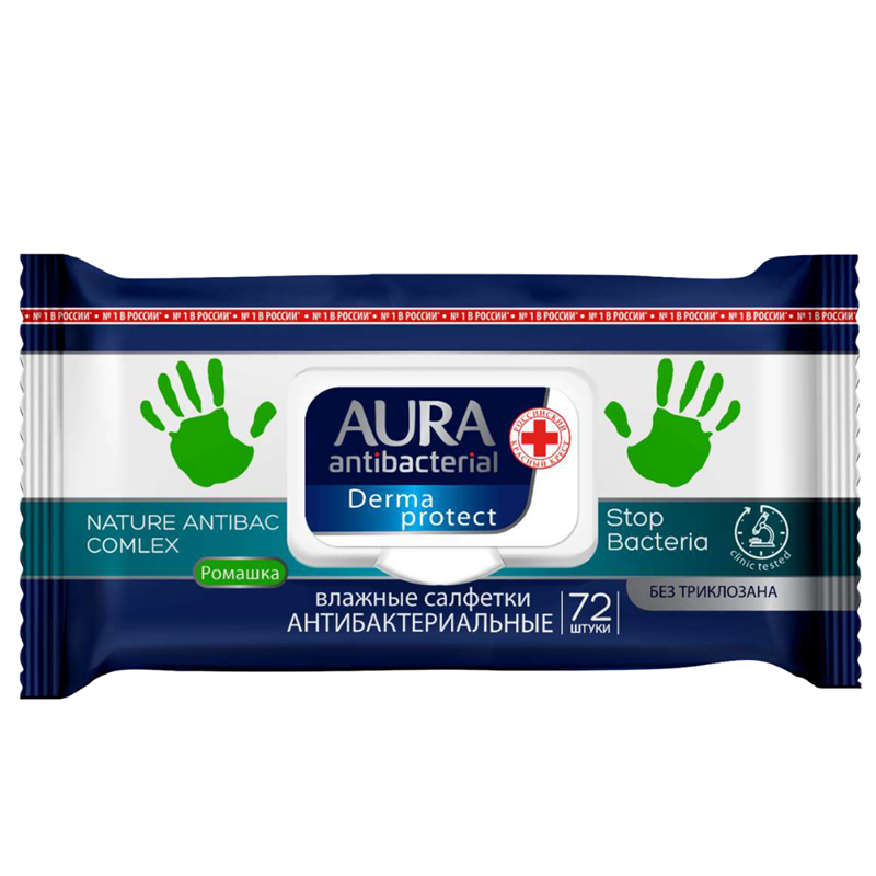 Салфетки влажные 72 шт, AURA Derma Protect, антибакт. с ромашкой, big-pack с крышкой, 15х20 см