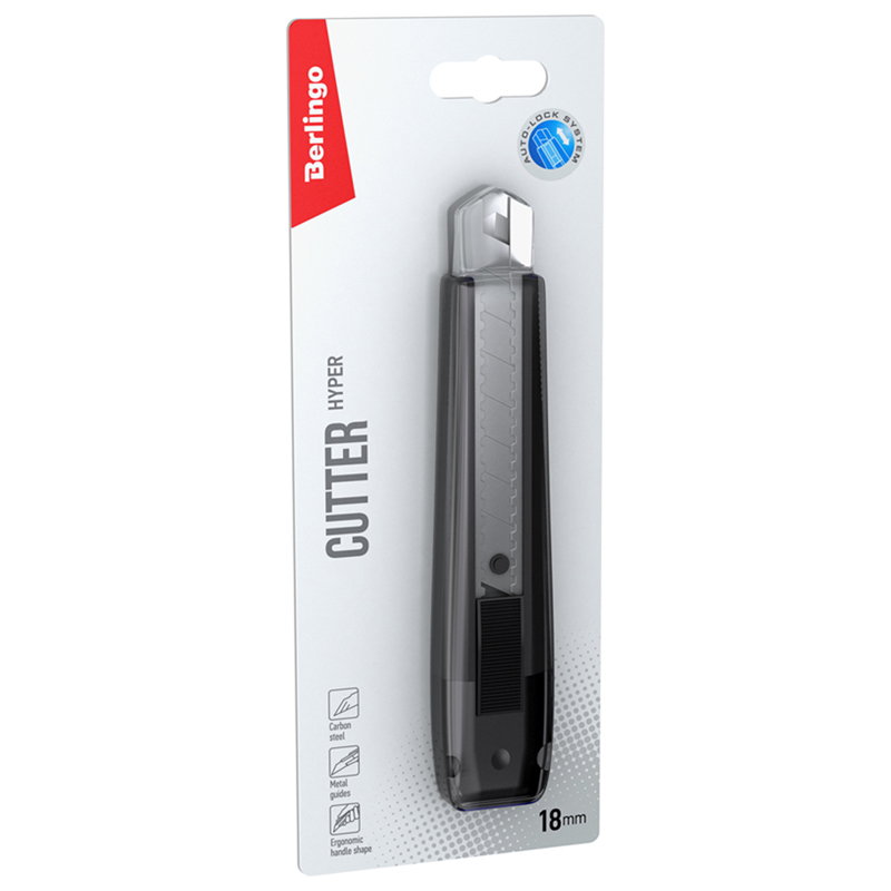 Нож канцелярский Berlingo "Hyper", auto-lock, 18 мм, черный, блистер