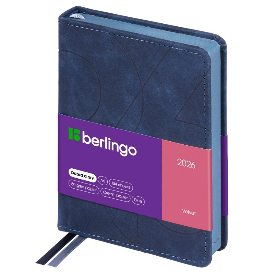 Ежедневник А6 176 л. 2026г, Berlingo "Velvet", кожзам, цветной срез, синий