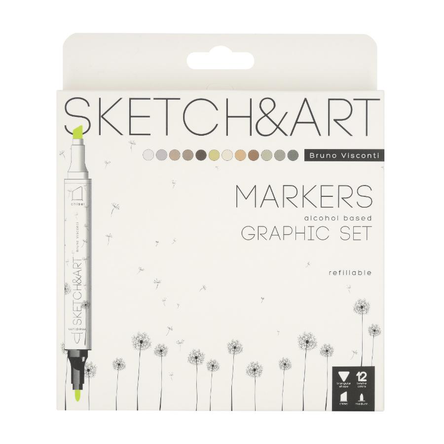 Набор маркеров для скетчинга SKETCH&ART. Графика, 12 цветов, двусторонние