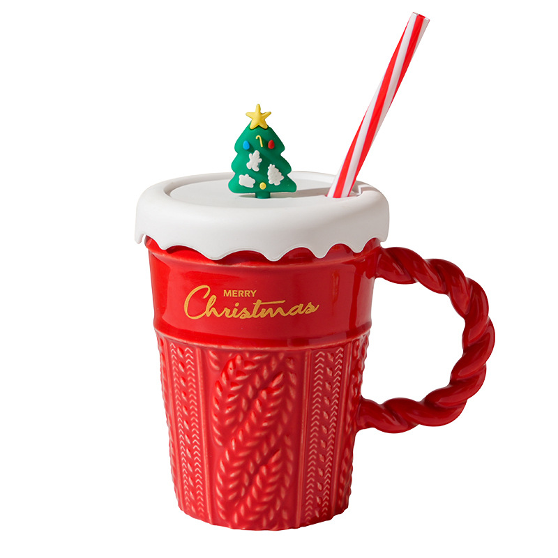 Кружка 400 мл, Новогодняя с трубочкой, красная