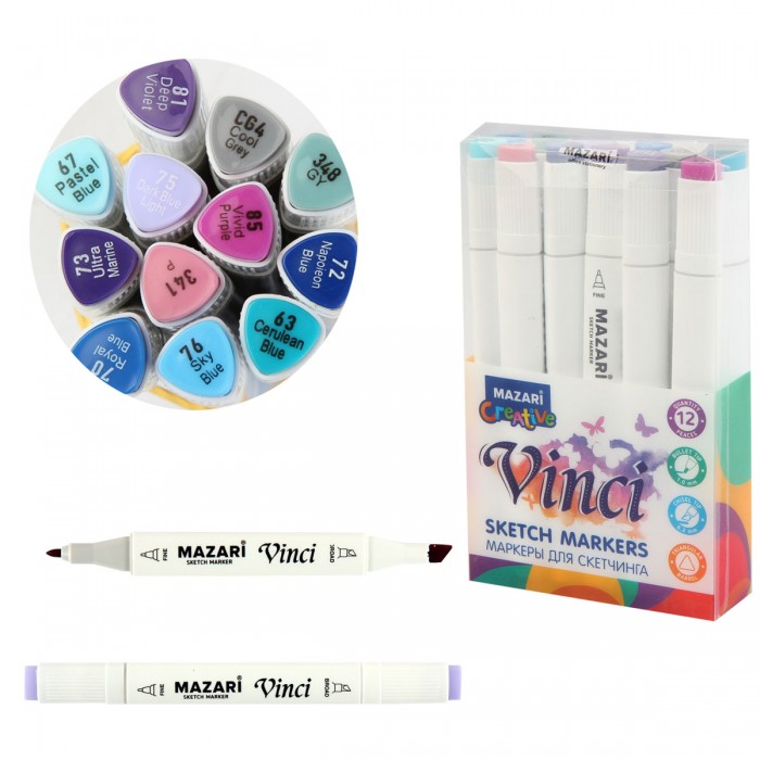 Набор маркеров для скетчинга VINCI Lavander colors, 12 цветов, 1-6,2 мм, двусторонние