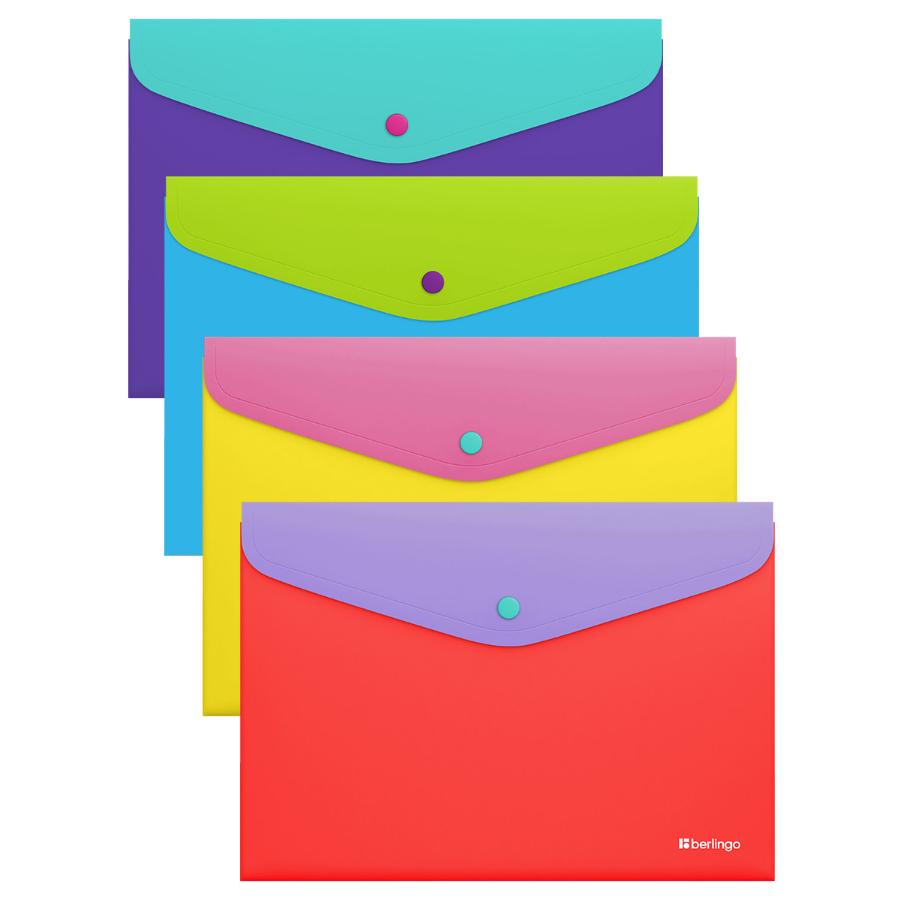 Папка-конверт на кнопке А4 Berlingo "Raze", 200мкм, софт-тач, с цветным клапаном, ассорти