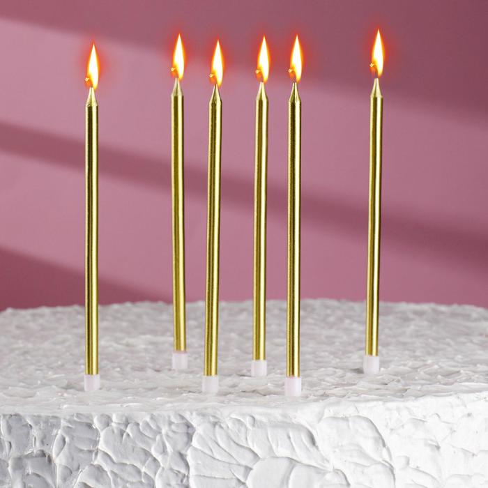 Свечи для торта тонкие "С Днем рождения", золотой металлик, высокие (6 шт)