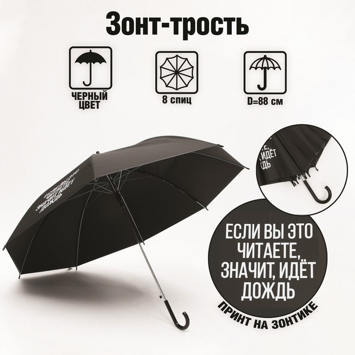 Зонт-трость "Если вы это читаете, идёт дождь", черный