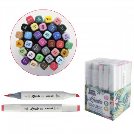 Набор маркеров для скетчинга LINDO, 36 цвета, основные+пастельные цвета, 1-6,2 мм, двусторонние