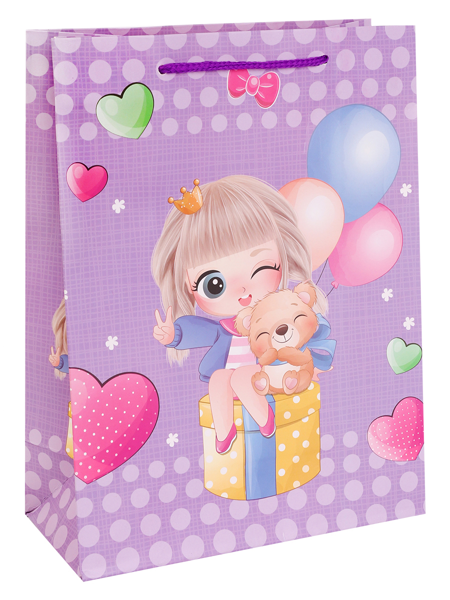 Пакет подарочный 31х40х12 см "Девочка с мишкой", фиолетовый