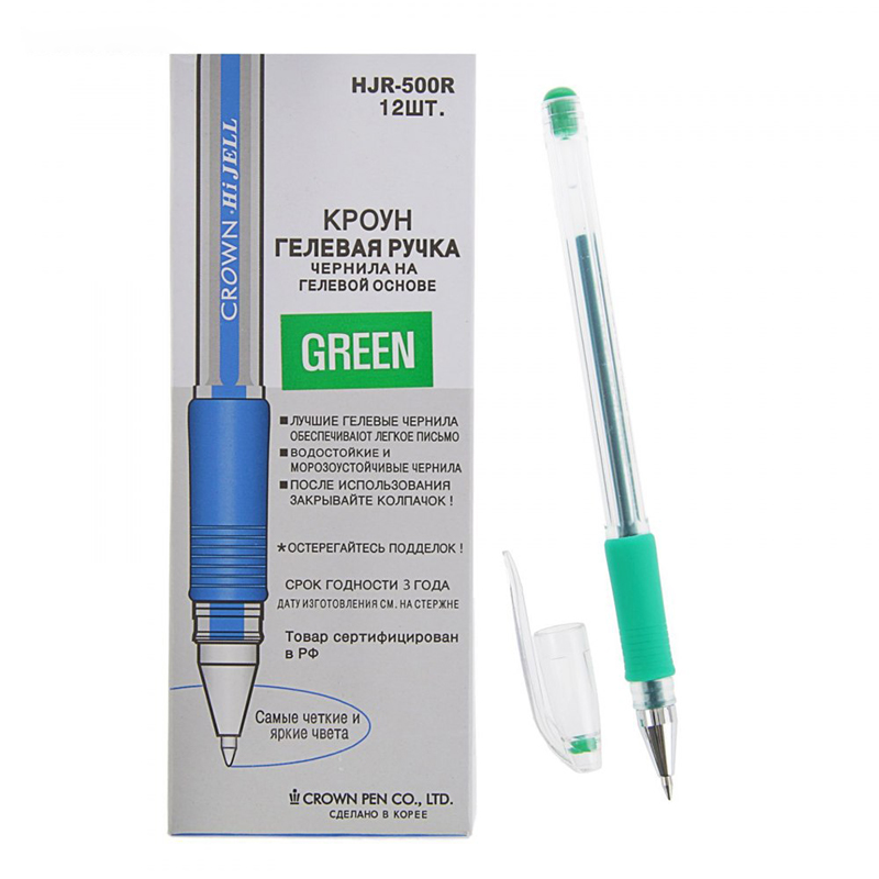 Ручка гелевая Crown 0,5 мм, грип, зеленая