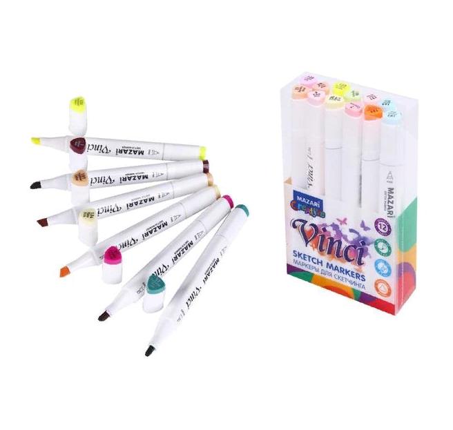Набор маркеров для скетчинга VINCI Pastel colors, 12 цветов, 1-6,2 мм, двусторонние