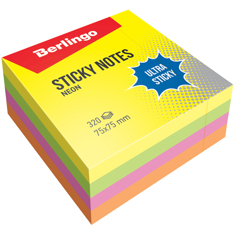 Бумага с липким слоем Berlingo "Ultra Sticky" 75х75 мм 320л, 4 неоновых цвета