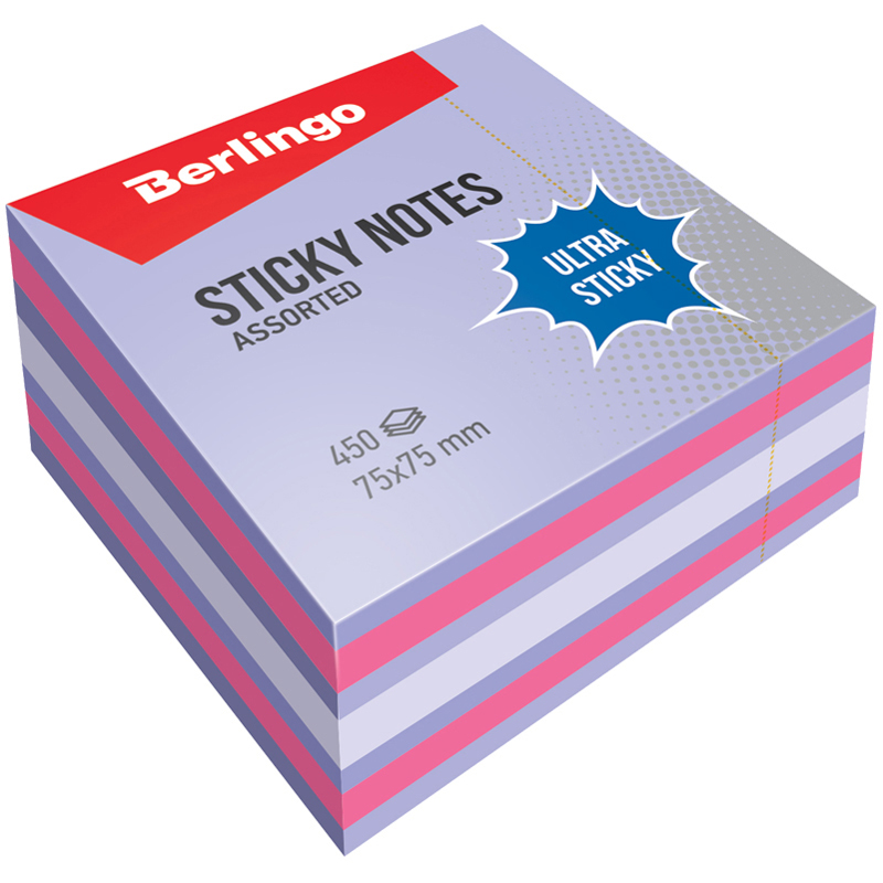 Бумага с липким слоем Berlingo "Ultra Sticky" 75х75 мм 450л, 3 цвета