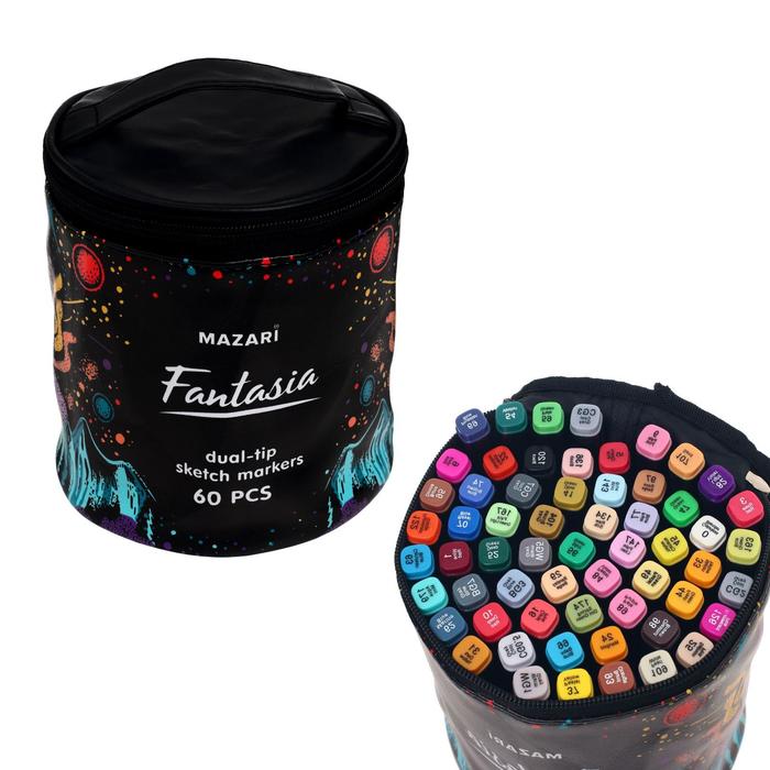 Набор маркеров для скетчинга Fantasia, 60 цветов, 3-6,2 мм, двусторонние, ПВХ чехол черный
